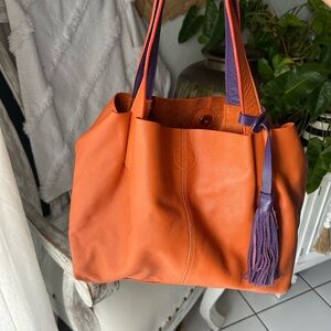 Orange Leather Tote Bag with Purple Accents